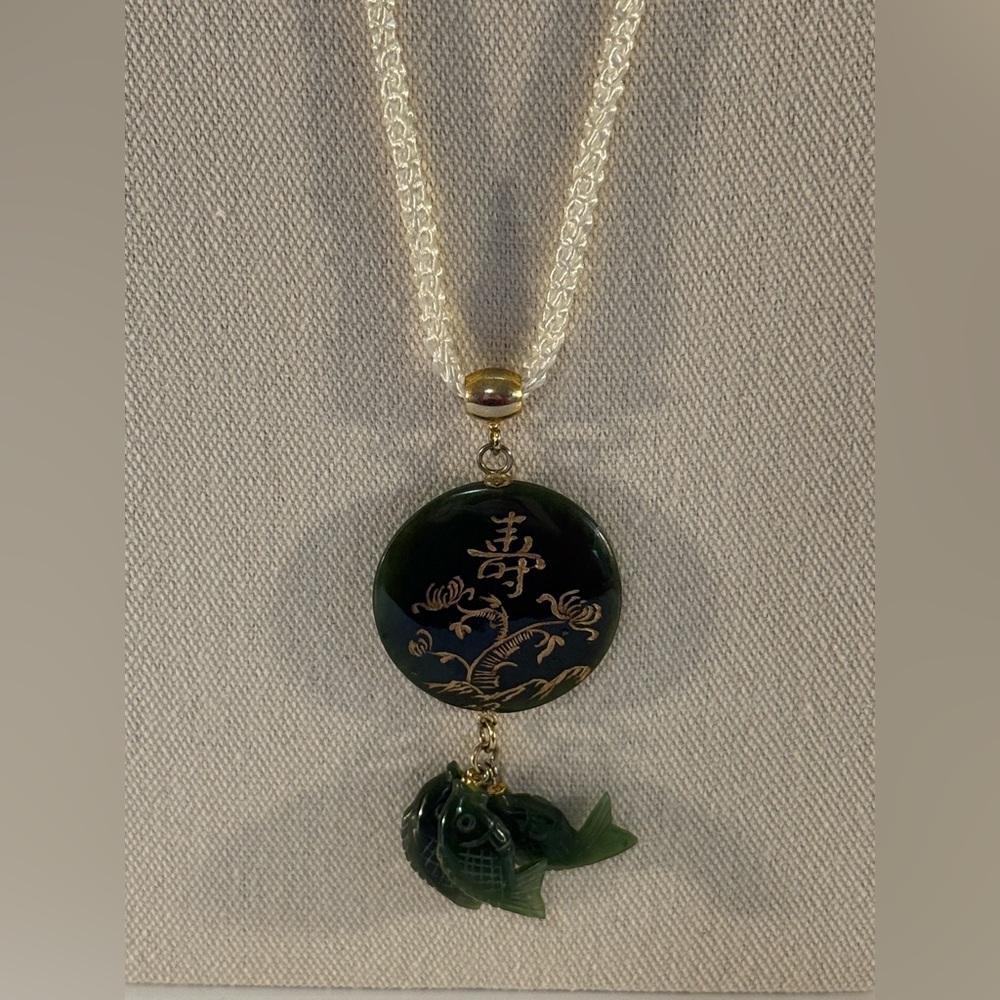 Vintage Carved Jade Necklace Longevity Symbol & Fish Charms Hand Painted Pendant